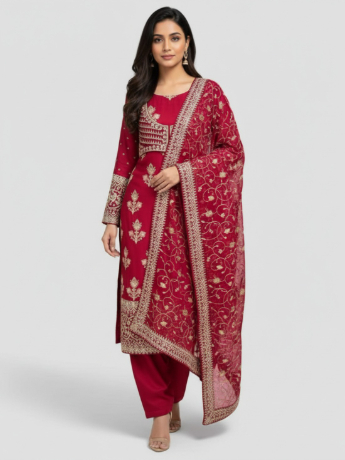 This readymade attire features detailed handwork of thread,dabka and, sequins on the kameez front an