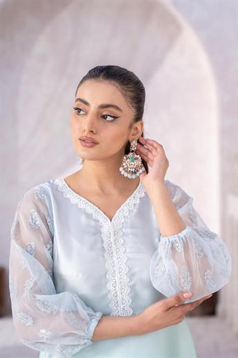 Grey & Mint Embroidered Organza A-Line Zoya Festive Collection'24