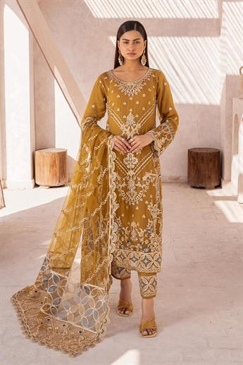 Mehndi Green Sequinned Raw Silk Chiffon 3 Piece Suit
