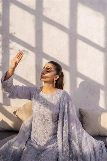 Lavendar Embroidered Raw Silk Chiffon 3 Piece Suit