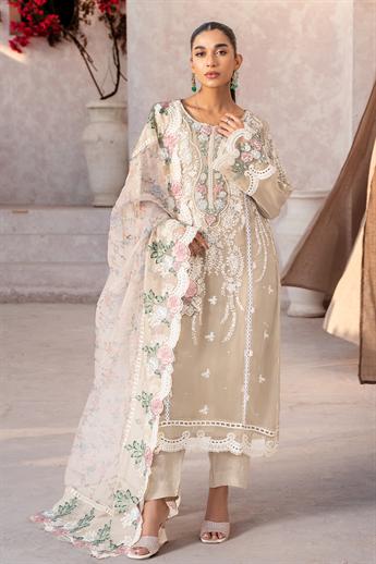 Beige Embroidered Raw Silk Chiffon 3 Piece Suit