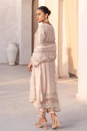 Peach Pink Embroidered Raw Silk Chiffon 3 Piece Suit