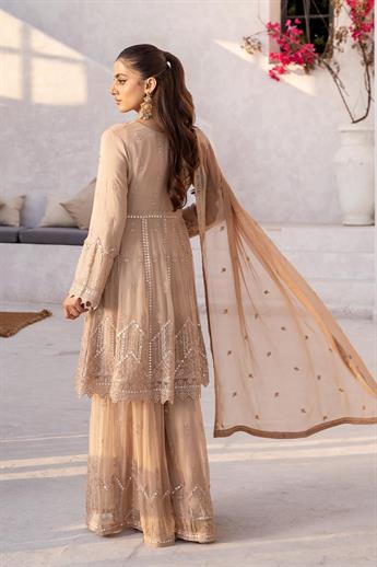 Camel Embroidered Sharara Chiffon 3 Piece Suit