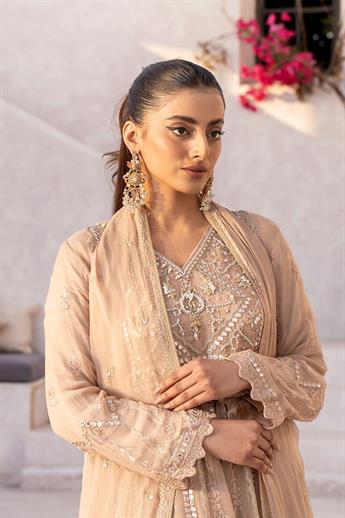 Camel Embroidered Sharara Chiffon 3 Piece Suit