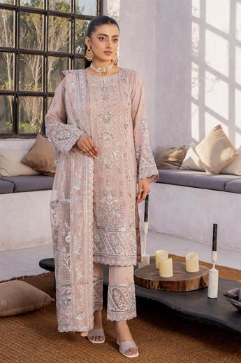 Tea Pink Embroidered Raw Silk Chiffon 3 Piece Suit