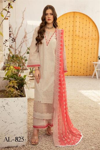 Ivory & Pink Embroidered Chiffon Chikan Kari 3 Piece Suit