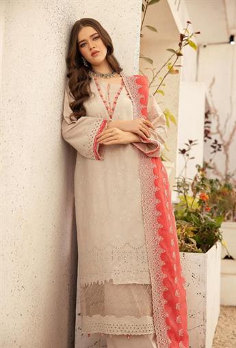 Ivory & Pink Embroidered Chiffon Chikan Kari 3 Piece Suit