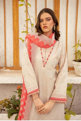 Ivory & Pink Embroidered Chiffon Chikan Kari 3 Piece Suit