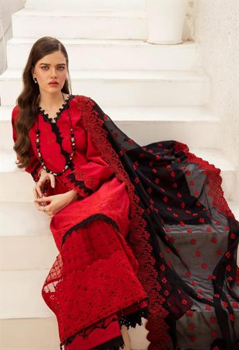 RED & Black Embroidered Chiffon Ladies Readymade