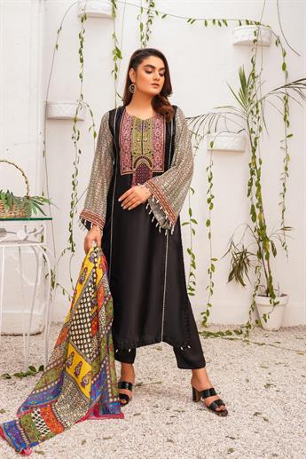 Black & Multicolour Embroidered Georgette Ladies Readymade