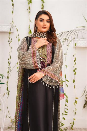Black & Multicolour Embroidered Georgette Ladies Readymade