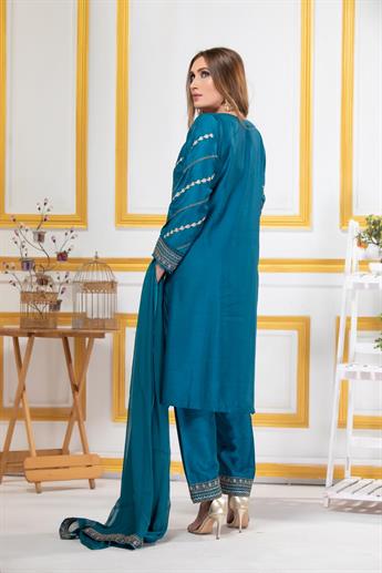 Teal Blue Embroidered Georgette Ladies Readymade