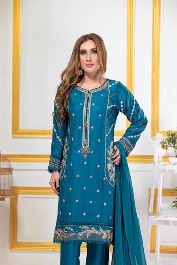 Teal Blue Embroidered Georgette Ladies Readymade