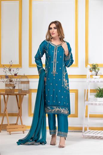 Teal Blue Embroidered Georgette Ladies Readymade