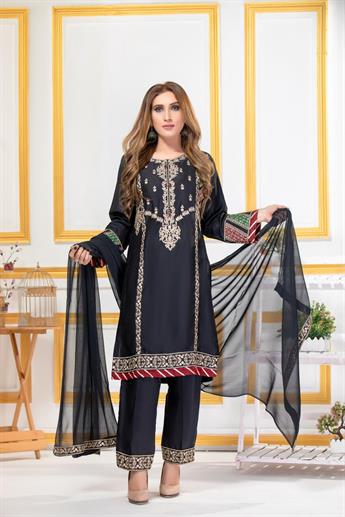 Black Embroidered Raw Silk Ladies Readymade