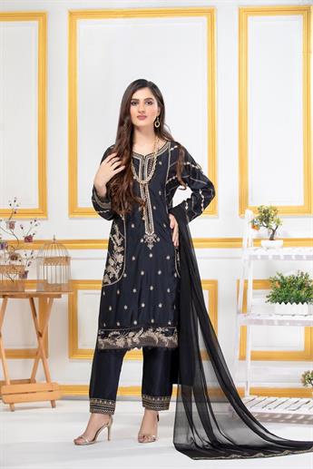 Black Embroidered Georgette Ladies Readymade