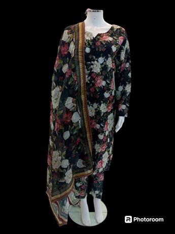 Black & Multicolour Digital Print Silk Cotton 3 Piece Suit