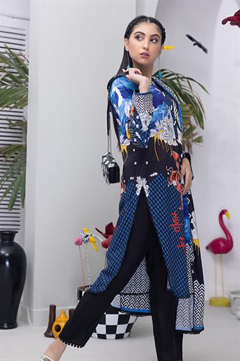 Navy & Multicolour Digital Print Lawn Ladies Readymade
