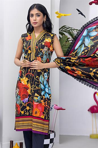 Black & Multicolour Digital Print Lawn Ladies Readymade