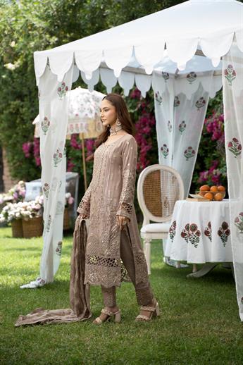Mauve Sequinned Embroided Chiffon 3 Piece Suit