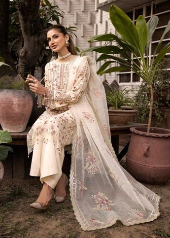 Cream Embroidered Organza 3 Piece Ladies Masoori Lawn Suits