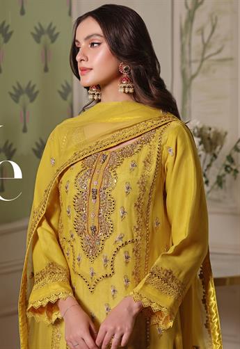 Mustard Mirror Work Chiffon Gharara Luxury Pret