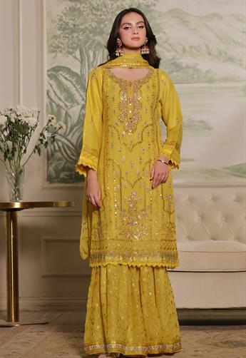 Mustard Mirror Work Chiffon Gharara Luxury Pret