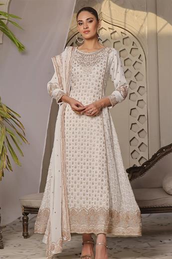 Off White Embroidered Raw Silk Maxi Chiffon Long Dress