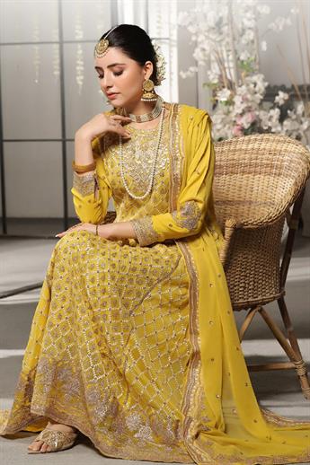Yellow Embroidered Raw Silk Maxi Chiffon Long Dress