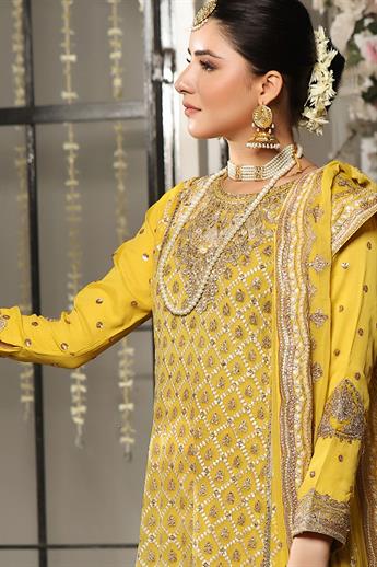 Yellow Embroidered Raw Silk Maxi Chiffon Long Dress