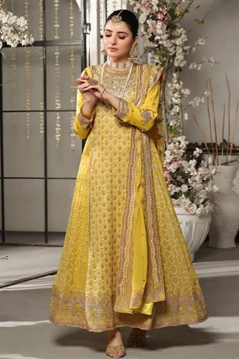 Yellow Embroidered Raw Silk Maxi Chiffon Long Dress