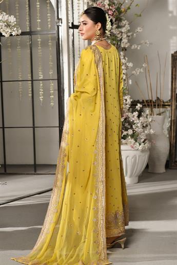 Yellow Embroidered Raw Silk Maxi Chiffon Long Dress