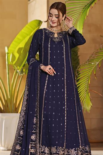 Navy Blue Embroidered Raw Silk Maxi Chiffon Long Dress