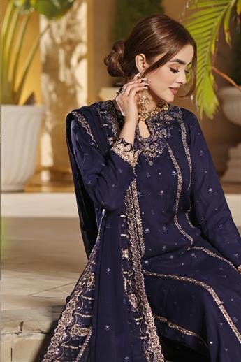 Navy Blue Embroidered Raw Silk Maxi Chiffon Long Dress