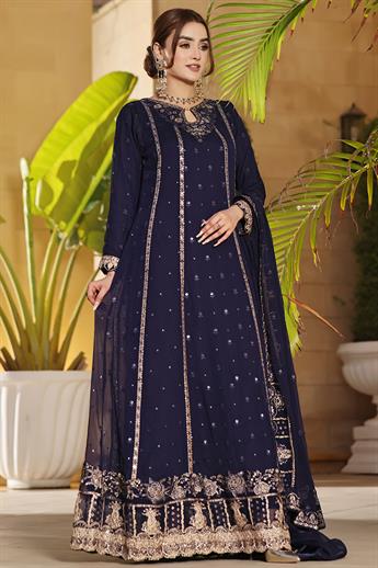 Navy Blue Embroidered Raw Silk Maxi Chiffon Long Dress