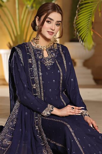 Navy Blue Embroidered Raw Silk Maxi Chiffon Long Dress