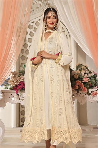 Embroidered long chiffon flairy cutwork gown. 
Nice lace detailing on panels, sleeves, comes with e
