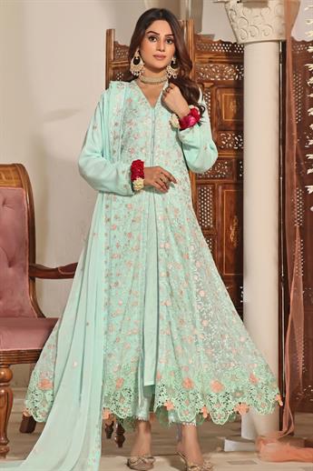 Embroidered long chiffon flairy cutwork gown. 
Nice lace detailing on panels, sleeves, comes with e