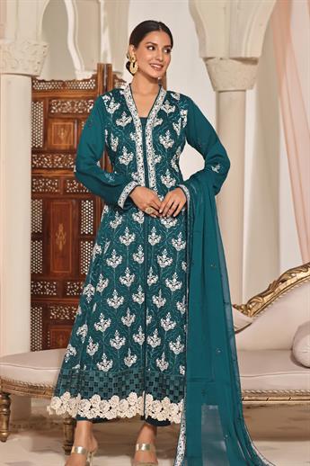 Teal Cutwork Raw Silk Luxury Pret