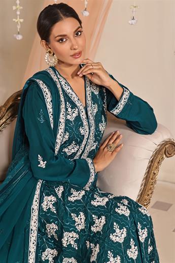 Teal Cutwork Raw Silk Luxury Pret
