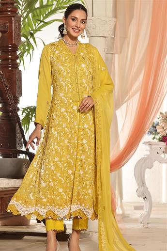 Embroidered long chiffon flairy cutwork gown. 
Nice lace detailing on panels, sleeves, comes with e