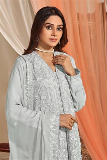 Grey Cutwork Raw Silk Luxury Pret