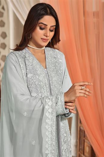 Grey Cutwork Raw Silk Luxury Pret