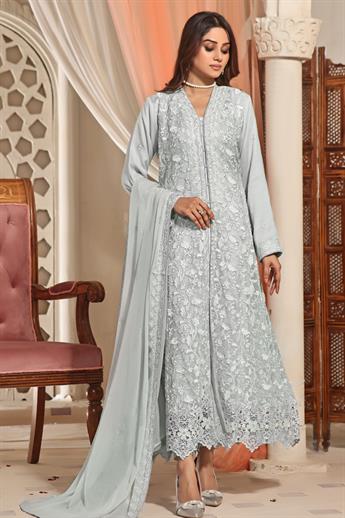 Grey Cutwork Raw Silk Luxury Pret