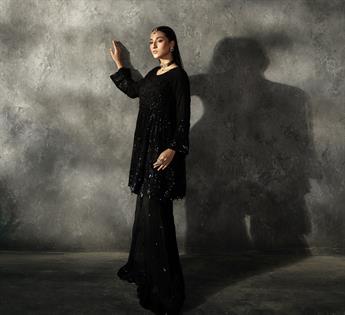 Black Sequinned Chiffon Sharara Party Wear