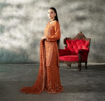 Rust Orange Sequinned Chiffon Sharara Party Wear