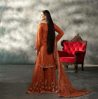 Rust Orange Sequinned Chiffon Sharara Party Wear