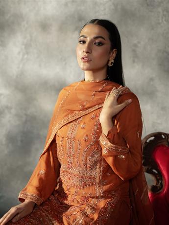 Rust Orange Sequinned Chiffon Sharara Party Wear
