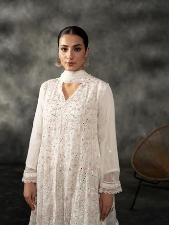 Off White & Pink Sequinned Chiffon Sharara Ladies Readymade