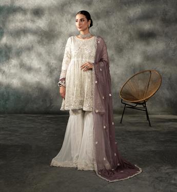 Off White & Twi Light Lavender Sequinned Chiffon Sharara Ladies Readymade